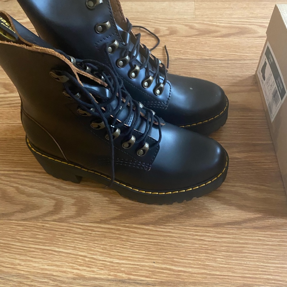 Dr. Martens Black Leather Lace-Up Boots with Yellow Stitching